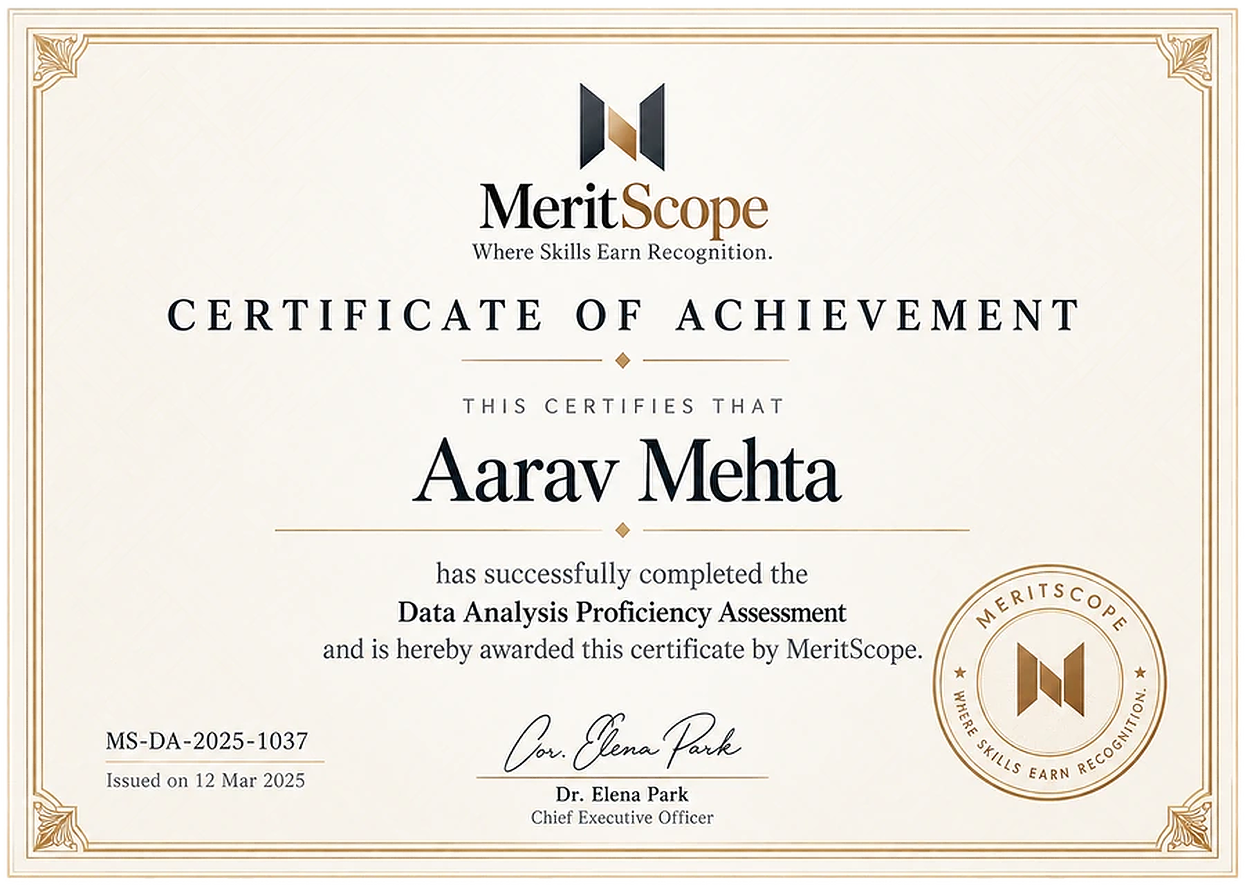 MeritScope Certificate of Achievement awarded to Aarav Mehta