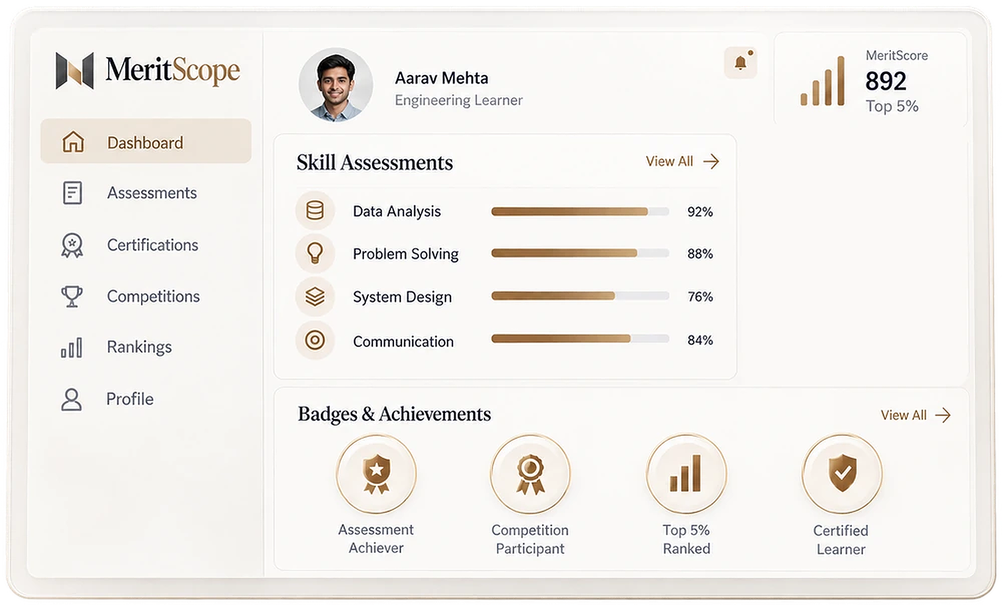 MeritScope Learner Dashboard — Aarav Mehta, MeritScore 892 Top 5%